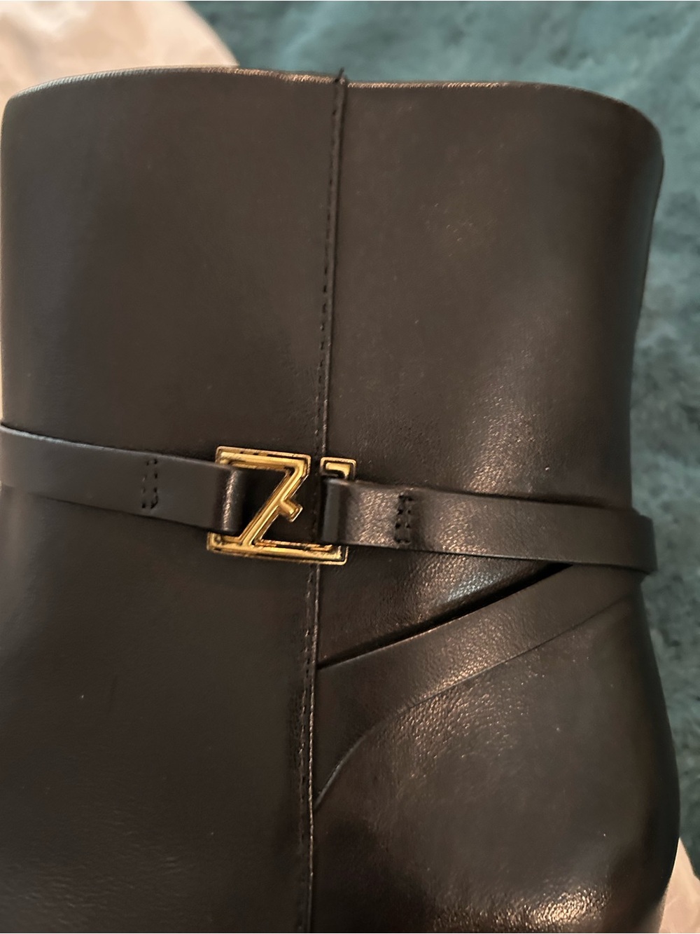 Franco Sarto Black Leather Pointed-Toe Ankle Booties with Gold Z Accent - Picture 3 of 7